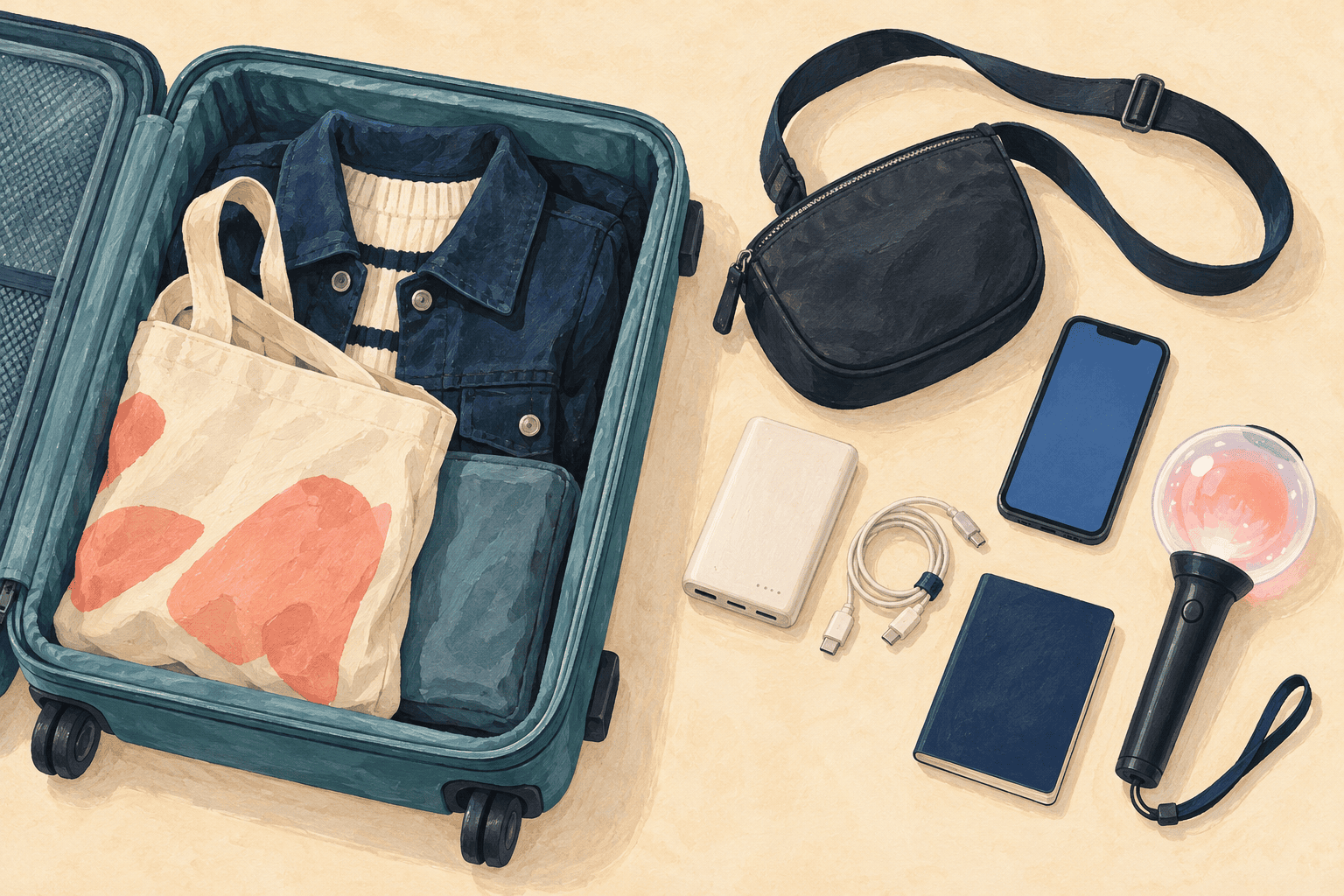 An open suitcase beside a small crossbody bag, phone, power bank, cable, plain booklet and light stick.