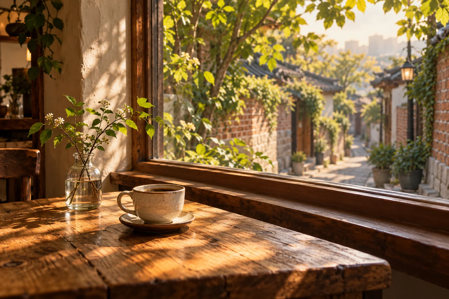 Coffee and late-afternoon light in an imagined neighborhood café