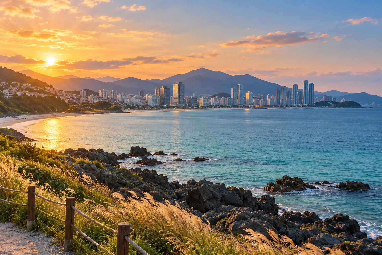 Imagined Korean coast in warm evening light