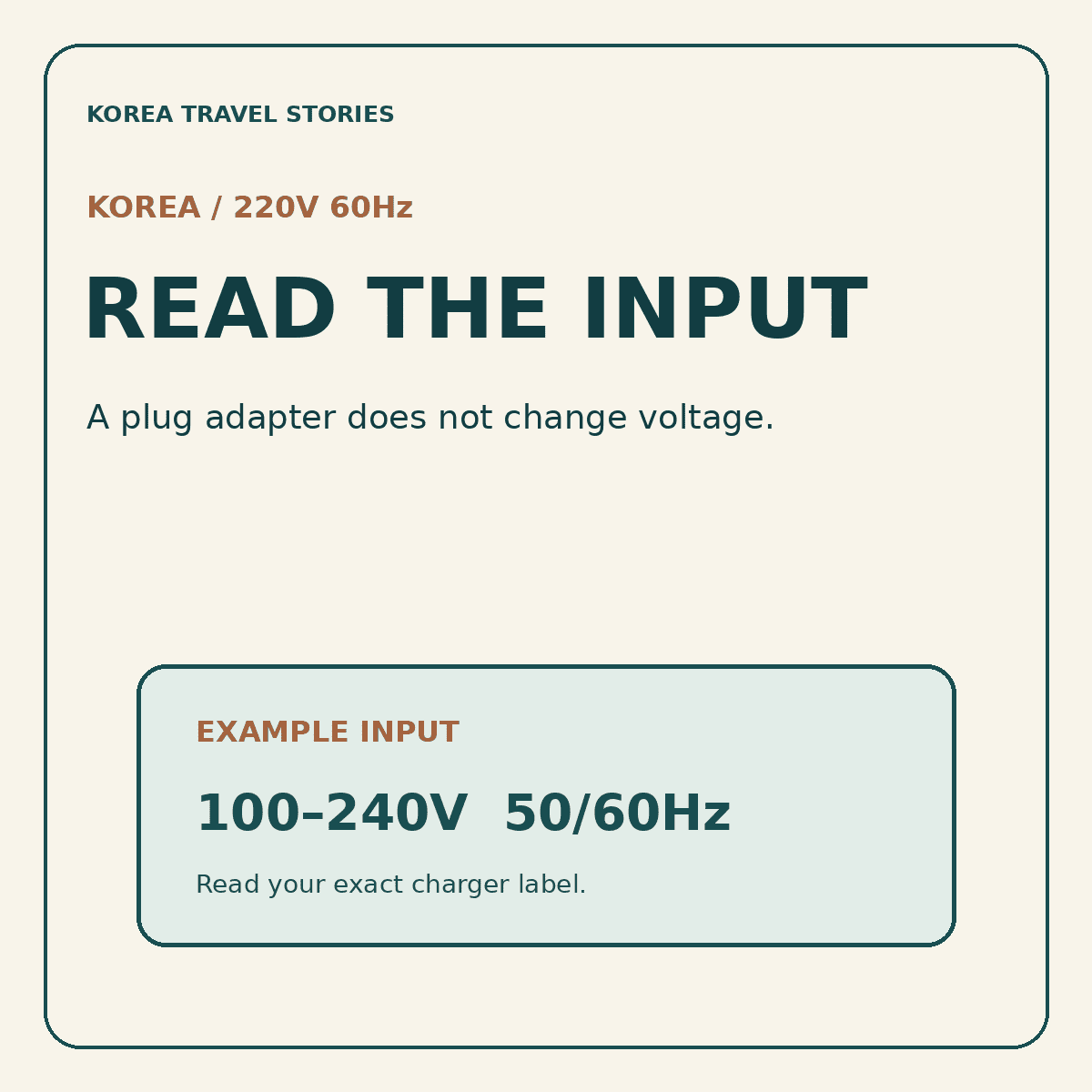 Korea charging preparation graphic: check the input label for 220 volts and 60 hertz