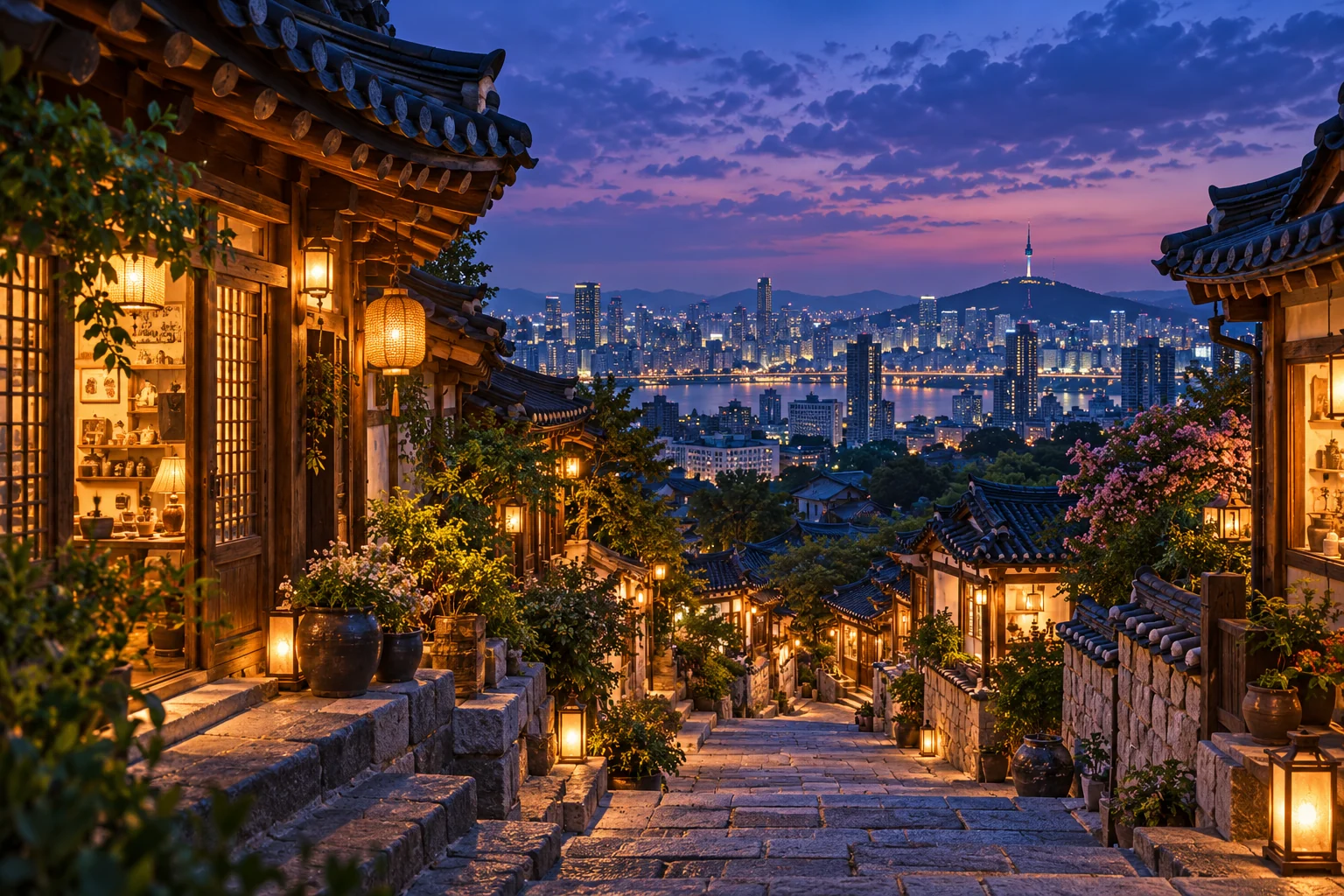 An imagined Korean hillside lane glowing at dusk