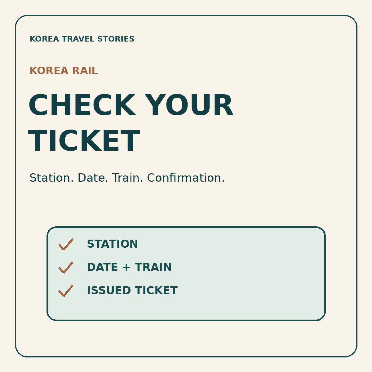 KTX booking checklist graphic: station, date, train and ticket