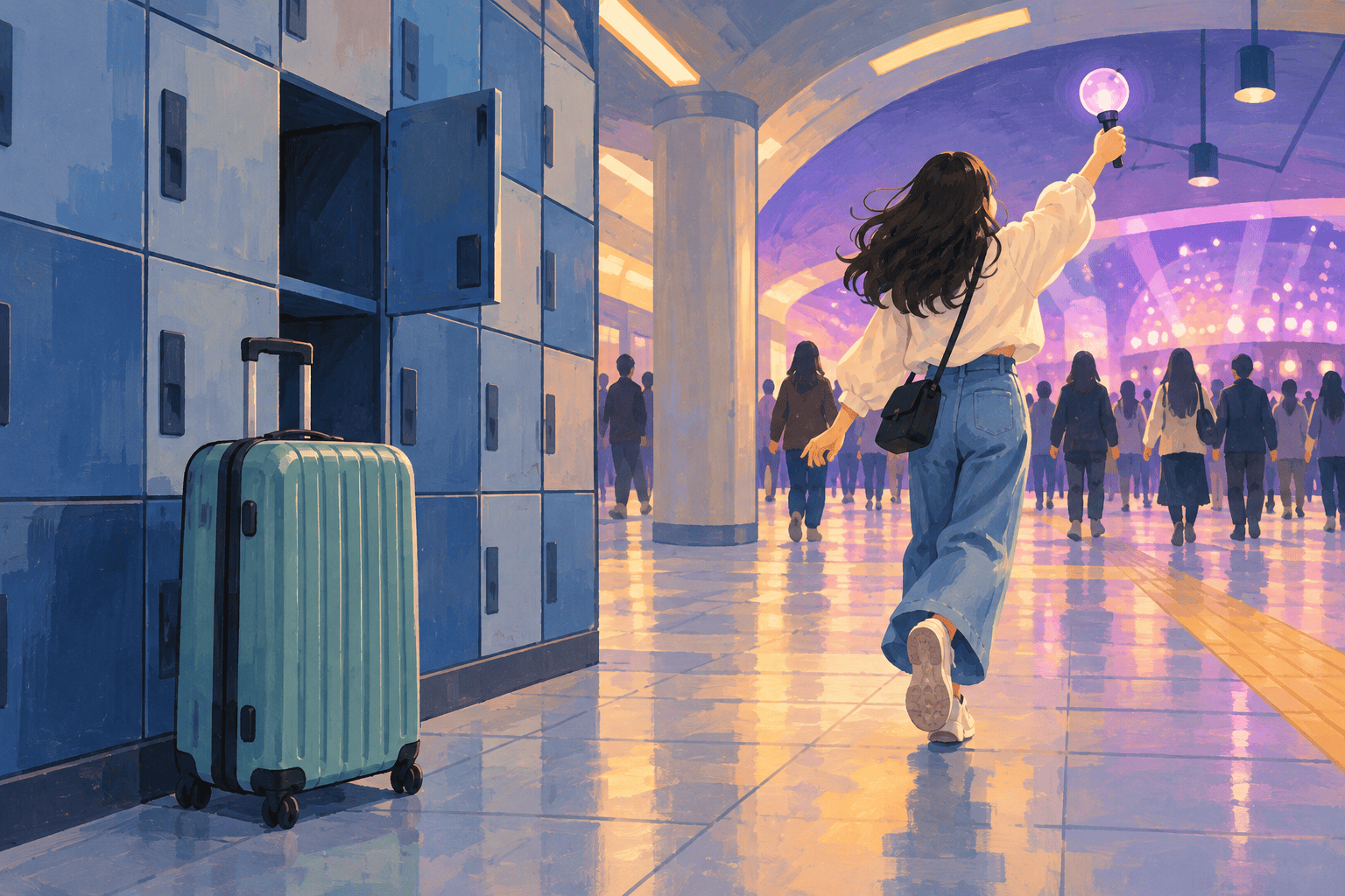 A traveler with a light stick, a suitcase and lockers in an imagined concert-day scene.